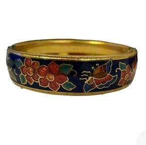 Vintage Cloisonne Cobalt Blue Gold Tone Hinge Clasp Floral Butterflies Bracelet